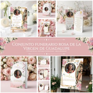 May include: A collection of memorial templates featuring a portrait of a woman, floral arrangements, and religious imagery. The designs include various formats, such as cards and a phone screen mockup, with the text "CONJUNTO FUNERARIO ROSA DE LA VIRGEN DE GUADALUPE".