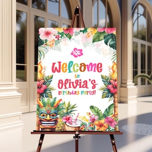 Aloha Luau Birthday Welcome Sign Editable, Hawaiian Tropical Party Poster Printable, Kids Summer Party Sign Instant Download Template CPC003