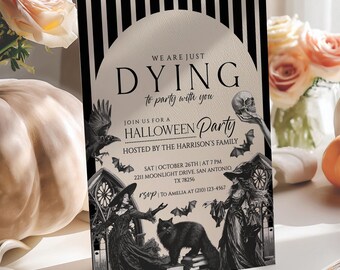 Zaproszenie na imprezę halloweenową w stylu vintage do pobrania w wersji cyfrowej, edytowalna kartka urodzinowa z duchem, szablon zaproszenia w kostiumie do druku, Halloween dla dorosłych