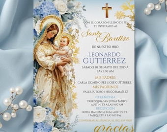 Virgen Mary Niño Azul Baptism Invitation, Editable Catholic Bautizo Template, Spanish Canva Digital Invite, Mi Bautizo Invitación en Español