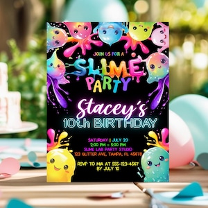 Plantilla de invitación de cumpleaños para fiesta de slime, invitación editable con brillo neón para niños, descarga de Canva, imprimible para fiesta de slime, invitación de slime