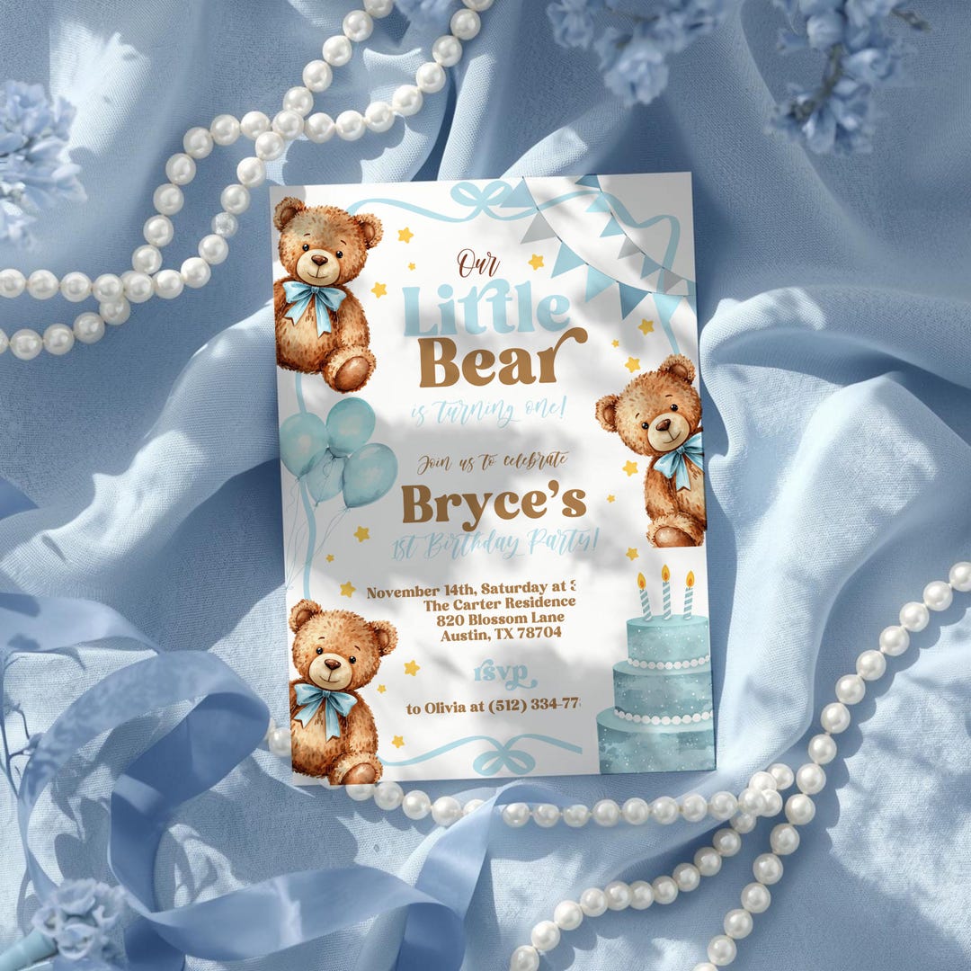 Editable Teddy Bear 1st Birthday Invitation Boy Blue, Cute Beary First ...