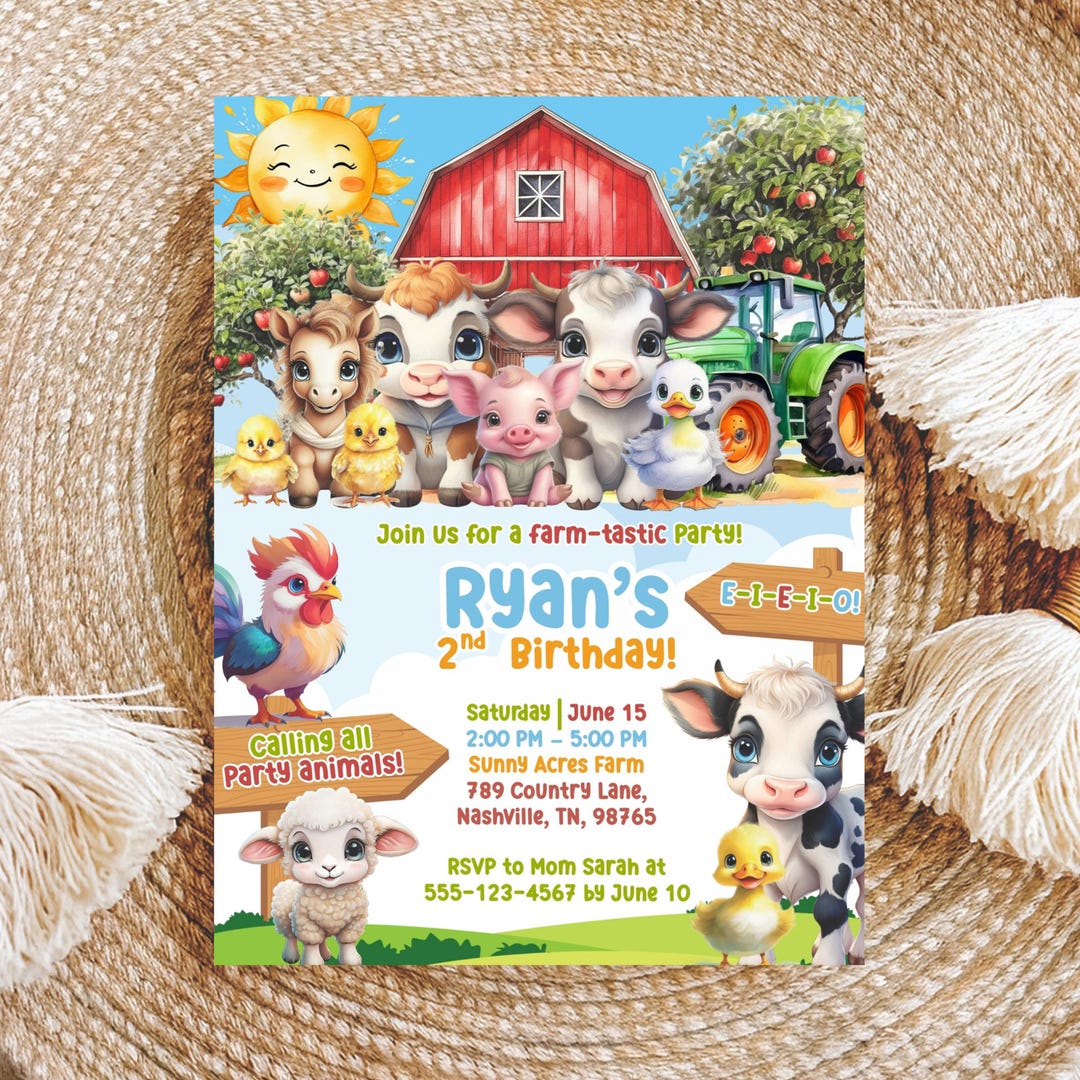 Red Barnyard Animals Birthday Invitation, Editable Farm Party Invite ...