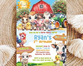 Rote Barnyard Animals Geburtstagseinladung, bearbeitbare Farmpartyeinladungsvorlage, Ranch Kindergeburtstag, Scheunentierparty, Bauernhofeinladungsjunge
