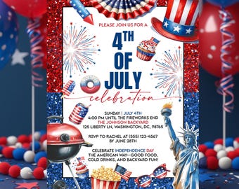 Invito per il 4 luglio, invito per barbecue rosso, bianco e blu, celebrazione del 4 luglio, festa dell'Indipendenza negli Stati Uniti, cibo e amici, modello Canva