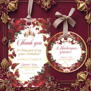Quinceañera Thank You Tag, Editable Red Burgundy & Gold Floral Design, 15th Birthday Party Favor, Mis Quince Anos Gift tag, Instant Download