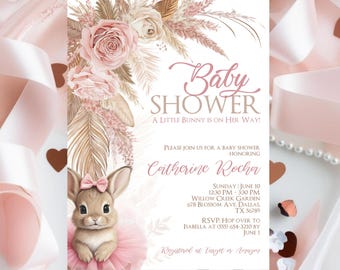 Baby Shower Invites With Bunnies, Printable Girl Rabbit Baby Shower Invitation, Girl Bunny Themed Baby Shower Invite, Easter Baby Shower