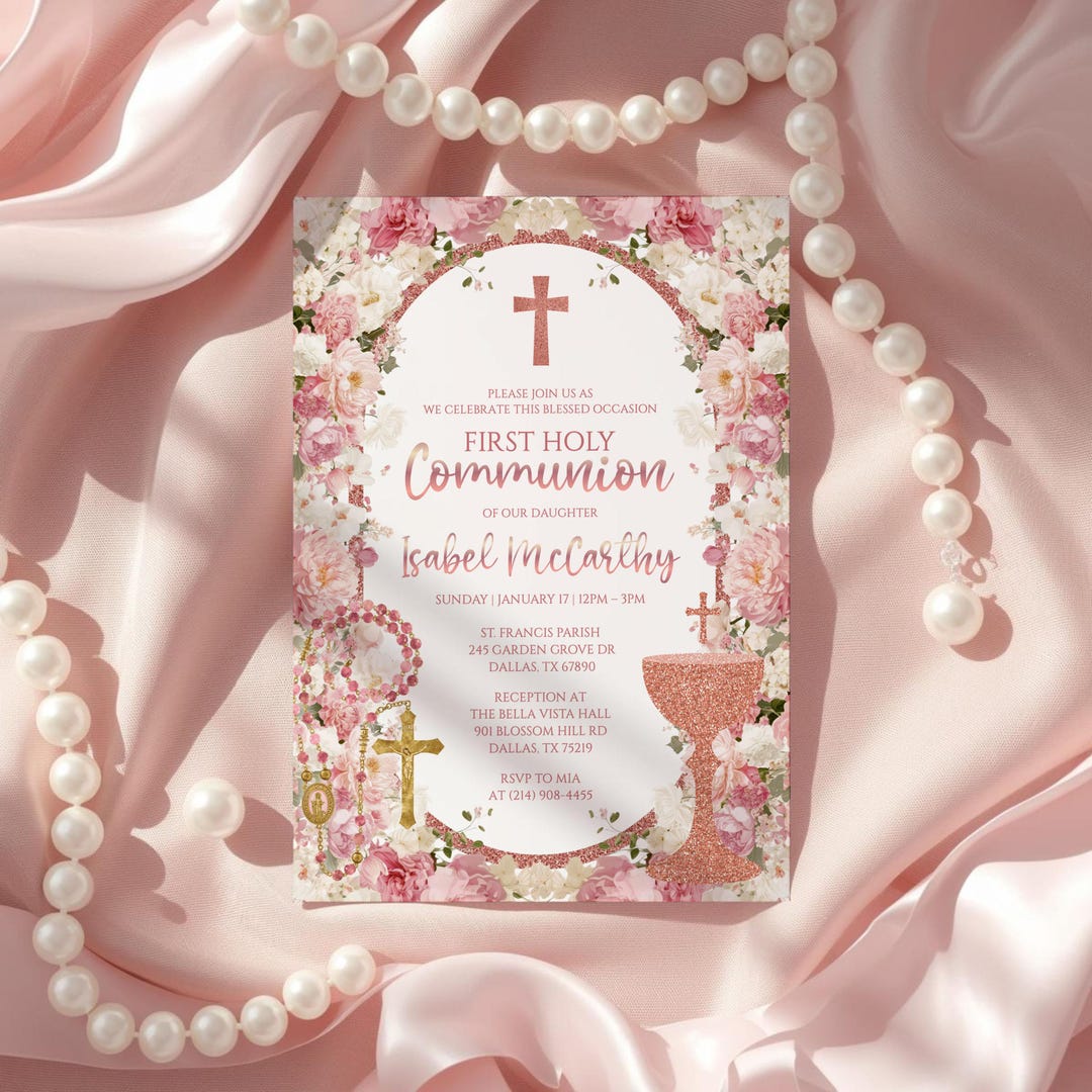 Editable First Holy Communion Invitation Girl, Blush Pink Floral ...