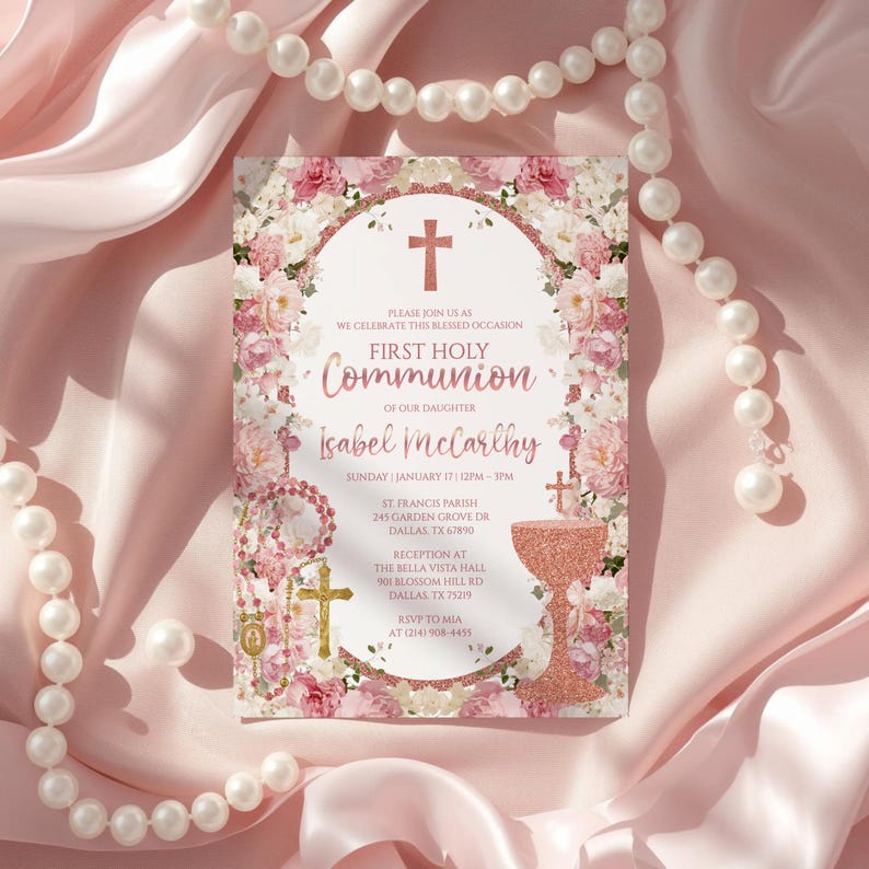 Editable First Holy Communion Invitation Girl, Blush Pink Floral ...