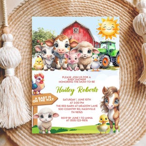 Farm Animals Baby Shower Invitation Editable Canva Template, Red Barn Ranch Boy Baby Invite, Farm Baby Shower Invitation, Instant Download
