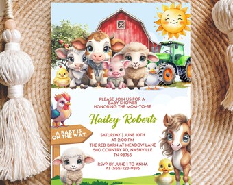 Farm Animals Baby Shower Invitation Editable Canva Template, Red Barn Ranch Boy Baby Invite, Farm Baby Shower Invitation, Instant Download