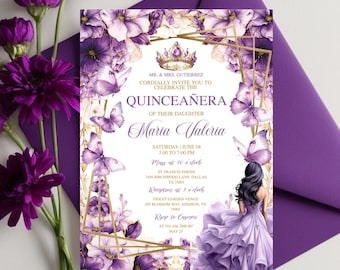 May include: Purple and gold Quinceañera invitation with a floral border, butterflies, and a crown. The invitation includes the text "Quinceañera" and "Maria Valeria".