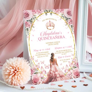 Blush Pink & Gold Quinceañera Invitation, Butterfly Template, Floral Mis Quince Anos Sweet 16 Birthday, Invitaciones De Quinceañera Gratis