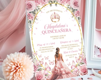 Blush Pink & Gold Quinceañera Invitation, Butterfly Template, Floral Mis Quince Anos Sweet 16 Birthday, Invitaciones De Quinceañera Gratis