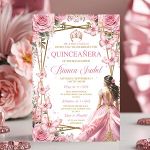 Rose Gold & Pink Quinceañera, Editable Tiara Rose, Blush Pink Evite, Floral Invite, Mis Quince Anos, 15th Birthday Party Template Mis Quince