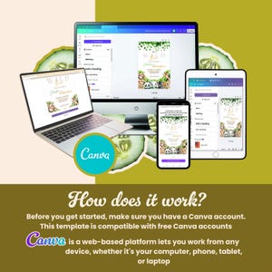 May include: A digital design template showcased on a laptop, desktop monitor, tablet, and smartphone. The design includes the word "WILD" with tropical foliage and animal illustrations. The Canva logo is present, alongside text explaining the platform's functionality.
