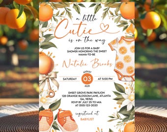 May include: Baby shower invitation with orange and white floral design. The invitation includes the text "a little Cutie is on the way" and details for the event, including the date, time, and location. The invitation also features illustrations of oranges and baby clothes.