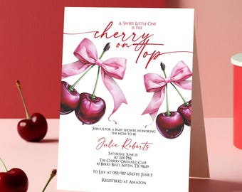 Cherry Baby Shower Invite Template, Cherry on Top Invite, Pink Bow Berries, Coquette Girl Baby Shower, Editable Digital Download