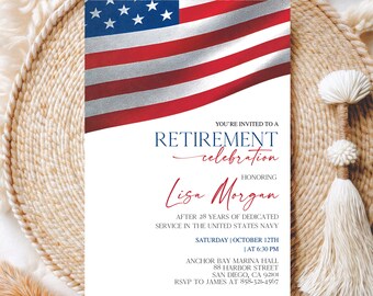 Printable American Flag Retirement Party Template, Military Retirement Invitation, US Navy Marines Army Air Force Police, Instant Download