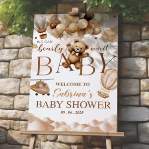 Brown Bear Balloon Baby Shower Welcome Sign Editable, We Can Bearly Wait Poster, Teddy Bear Boy Baby Shower Boho Welcome Sign Decor Print