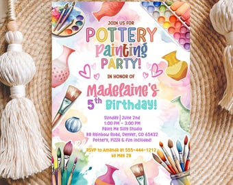 Editable Pottery Painting Birthday Invitation Template, Tween Rainbow Paint Craft, Printable Instant Download, Art Party Invite Canva Access