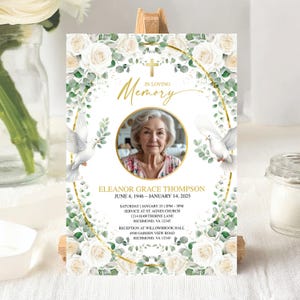 Feier des Lebens Vorlage, liebevolle Erinnerungskarte, bearbeitbare Greenery Gold Trauerkarte, digitales Gedenken für Mann oder Frau Download