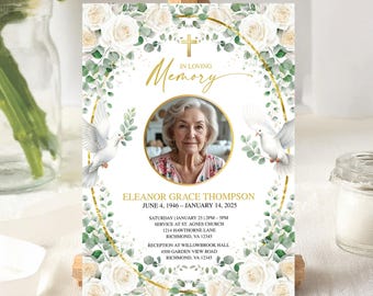 Celebration of Life Template, In Loving Memory Card, Editable Greenery Gold Funeral Announcement, Digital Memorial for Man or Woman Download