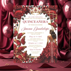 Burgundy Red Gold Sweet 16 Invitation, Editable Floral Butterfly, Quinceañera Invitation Tiara Mis Quince Anos, 15th Birthday Party Template