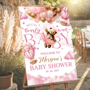 Teddybär Ballon-Babyparty-Willkommensschild bearbeitbar, Wir können rosa Mädchen-Poster-Zeichen warten, Boho-Babyparty-Dekor-Zeichen digitaler Download