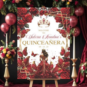 Editable Mis Quince Anos Welcome Sign, Editable Burgundy & Gold Floral, Quinceañera Welcome Sign, Red Rose Decor, Sweet 16 Printable Decor