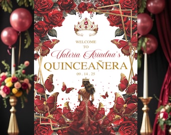 Bearbeitbares Mis Quince Anos Willkommensschild, bearbeitbares Burgundy & Gold Floral, Quinceaño Willkommensschild, rote Rose Dekor, Sweet 16 druckbares Dekor