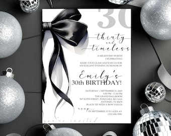 Bewerkbare zwarte strik 30e verjaardag uitnodigen, minimalistische flirt lint sjabloon, digitale download, elegante uitnodiging voor feest, Canva bewerkbaar