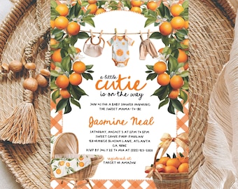 Editable Little Cutie Baby Shower Invite, Citrus Baby Shower, Greenery Orange Citrus Theme Gender Neutral Template Instant Download for Baby