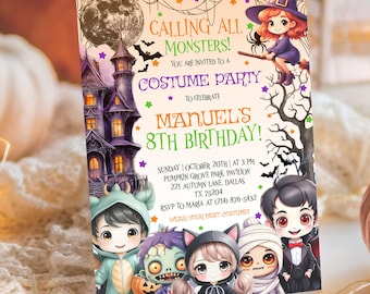 May include: A Halloween party invitation with the text "Calling All Monsters!" and "Costume Party." The invitation features illustrations of a haunted house, a witch, and costumed characters. The invitation is for Manuel's 8th birthday.