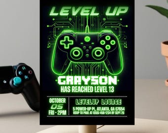 Inbjudan till Level Up-födelsedag, redigerbar mall för videospelsfest för pojkar, inbjudan till videospel, utskrivbar inbjudan till gamer, direktnedladdning