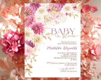 May include: A pink and gold floral baby shower invitation with the text "Baby in Bloom" and "Please join us for a baby shower honoring Mathilda Reynolds". The invitation includes the date, time, location, and RSVP information.