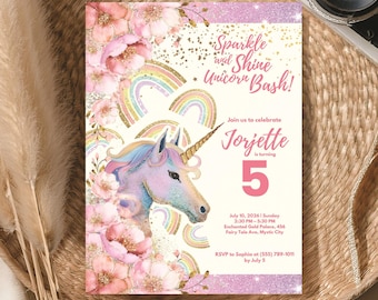 Purple Unicorn Birthday Invitation, Editable Digital Party Invite for Girls, Magical Theme, Unicorn Printable Template, Instant Download PDF