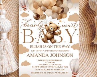 May include: Baby shower invitation with a teddy bear holding balloons. The invitation is in shades of brown and beige, with the text "We can bearly wait BABY" and details for the event, including the names Elijah and Amanda Johnson.