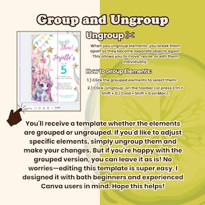 Peut inclure: Un guide de mod&egrave;le num&eacute;rique intitul&eacute; "Grouper et D&eacute;grouper" avec des instructions sur l'&eacute;dition d'&eacute;l&eacute;ments. Le guide pr&eacute;sente une invitation d'anniversaire color&eacute;e avec une licorne. Le texte comprend "Sparkle Shine! Jorjette's 5".