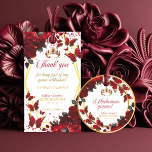 Reserva la Fecha Quinceañera & Quinceañera Thank You Tag, Red Burgundy Gold Label Mis Quince Anos 15th Birthday Party Favor Instant Download