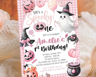 Editable Spooky One Invitation Pink Halloween 1st Birthday, Girl Halloween Birthday Party Invite, First Boo Party Digital Template Printable