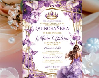 Purple Lilac Gold Butterfly Princess Quinceañera Invitation, Mis Quince Años, Lilac Purple & Gold Princess Invite, Digital Card Template