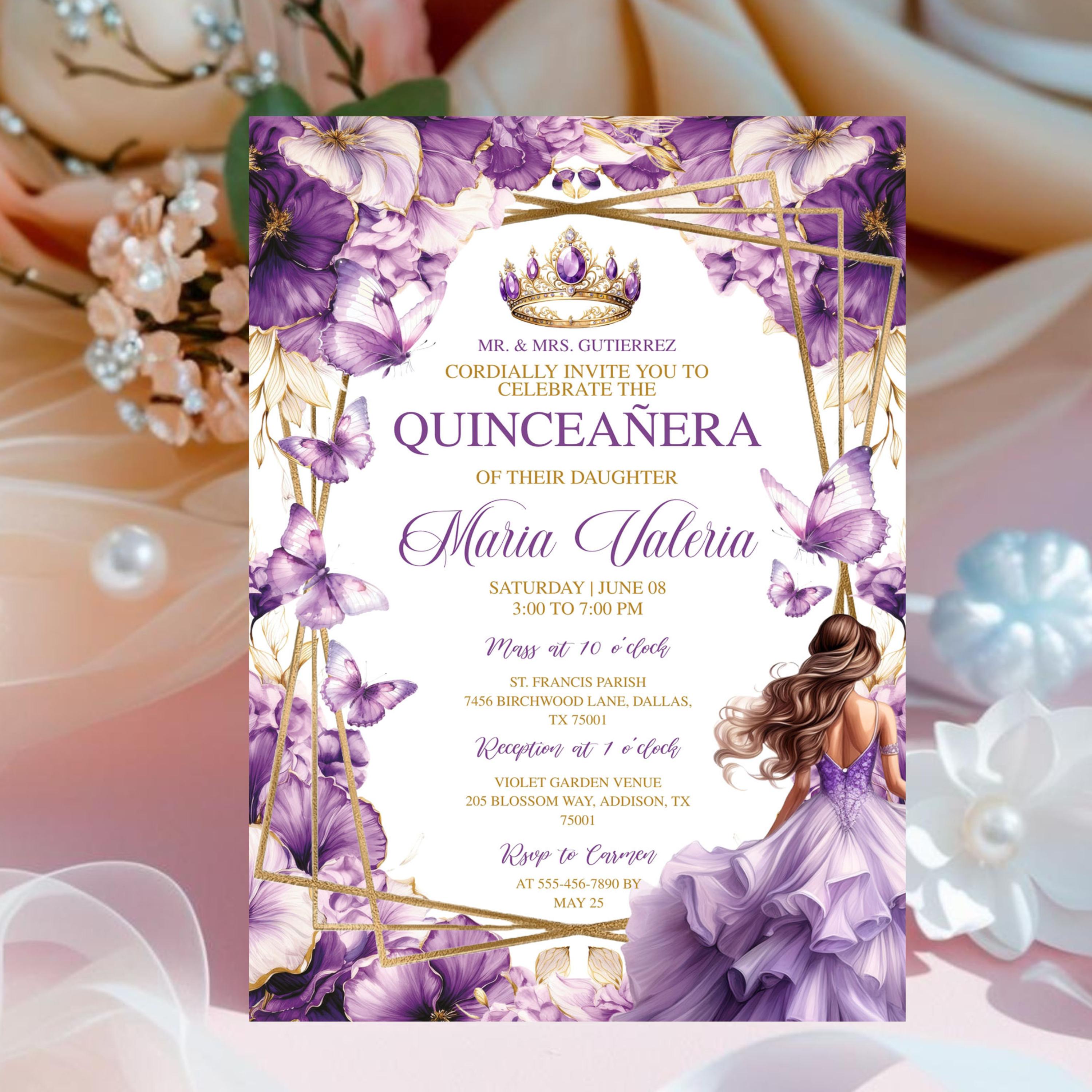 ＊kina＊様　オーダーページ　5/15 Purple Lilac Gold Butterfly Princess Quinceañera Invitation, Mis