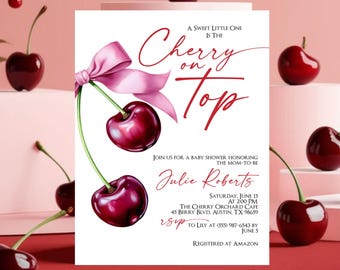 Cherry Baby Shower Invitation, Editable Cherry on Top Invite, Coquette Pink Bow Berries Girl Baby Shower Template, Instant Download