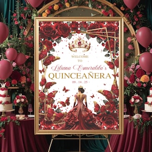 Sinal de boas-vindas de Quinceañera Bienvenidos, pôster editável de Mis Quince Años, sinal de marmelo em ouro vermelho Borgonha, download digital de decoração floral editável