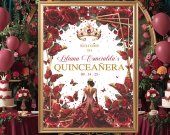 Quinceaños Bienvenidos Willkommensschild, bearbeitbares Mis Quince Años Poster, burgunderrotes Gold Quince Zeichen, bearbeitbares Blumendekor Digitaler Download