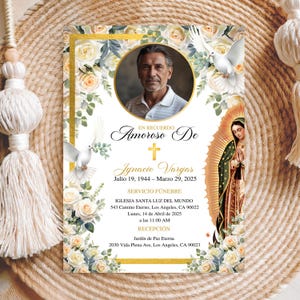May include: A memorial card featuring a portrait of a man, floral arrangements, and doves. The card has Spanish text detailing a funeral service, including dates and locations. The design incorporates gold detailing and religious iconography.