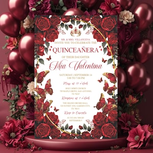 Invito Quinceañera rosso, modello invito Mis Quince, farfalla bordeaux e dorata, Fiesta De Quinceañera, quindicesimo compleanno floreale modificabile