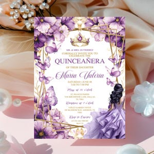 Purple Lilac Gold Butterfly Princess Quinceañera Invitation, Editable Mis Quince Años Template, Lilac Purple Gold Digital Invite Card Canva