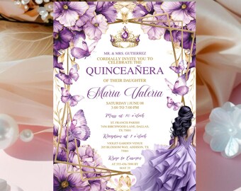 Purple Lilac Gold Butterfly Princess Quinceañera Invitation, Editable Mis Quince Años Template, Lilac Purple Gold Digital Invite Card Canva